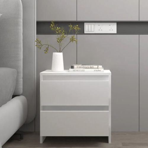 Table De Chevet En Bois D'ingenierie Blanc | 45x34,5x44,5 Cm, 2 Tiroirs, Compact, Gain De Place, Multifonctionnel