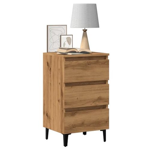 Table De Chevet En Bois D'ingenierie Chene Avec Pieds Metal | 40x35x69 Cm, 3 Tiroirs, Compact, Gain De Place, Multifonctionnel