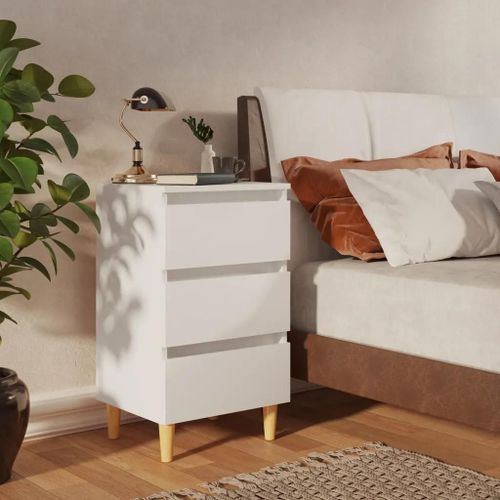 Table De Chevet En Bois Massif Blanc | 40x35x69 Cm, 3 Tiroirs, Style Scandinave, Gain De Place, Compacte