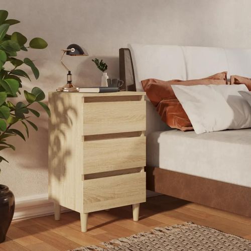 Table De Chevet En Bois De Chene Sonoma | 40x35x69 Cm, 3 Tiroirs, Compact, Gain De Place, Style Scandinave