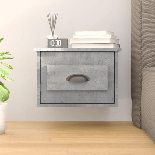 Table De Chevet Murale En Bois D'ingenierie Gris Beton | 50x36x40 Cm, Compacte, Gain De Place, Tiroir De Rangement, Design Moderne