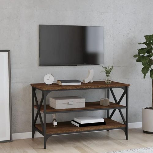 Meuble Tv En Bois D'ingenierie Chene | 80x40x50 Cm, Compact, Gain De Place, 3 Etageres De Rangement, Style Industriel