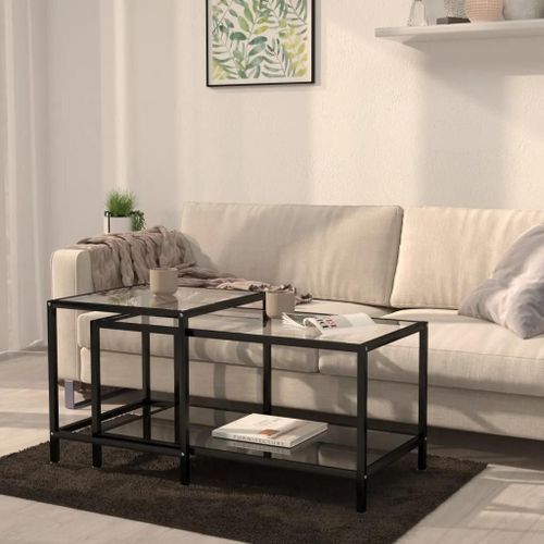 Tables A The En Verre Trempe Et Acier | 2 Pcs, Noir, Style Industriel, Compact, Gain De Place, Multifonctionnel
