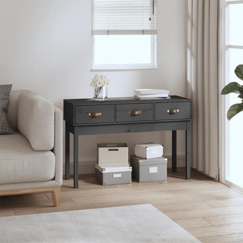 Table Console En Bois Massif De Pin Gris | 114x40x75 Cm, 3 Tiroirs, Gain De Place, Multifonctionnel Pour Salon Ou Chambre
