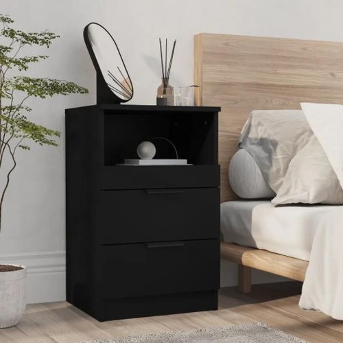 Table De Chevet En Bois D'ingenierie Noir | 2 Tiroirs + 1 Compartiment, Compacte, Gain De Place, Multifonctionnelle