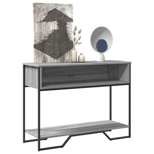 Table Console En Bois D'ingenierie Chene Sonoma | 100x35x74,5 Cm, Gris, Compact, Gain De Place, 1 Compartiment De Rangement, Poignees Metal