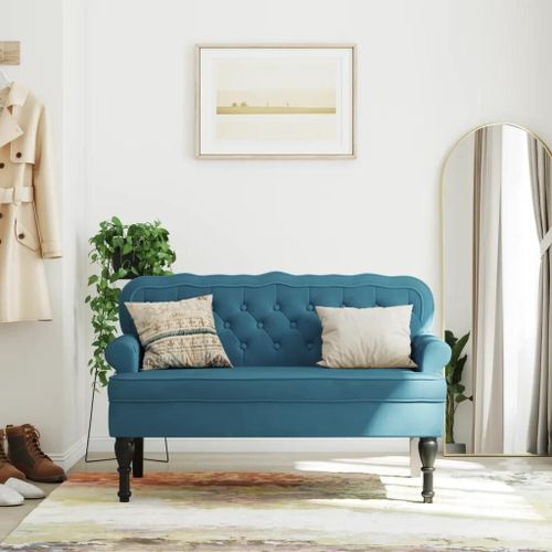 Banc Avec Dossier En Velours Bleu | 119,5x64,5x75 Cm, Pieds En Bois D'hevea, Confortable, Elegant, Gain De Place
