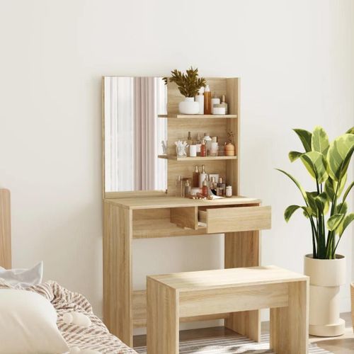 Coiffeuse En Chene Sonoma 74,5x40x141 Cm | Miroir Integre, 2 Etages + Tiroir, Gain De Place, Design Moderne