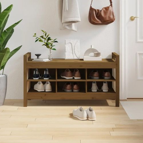 Banc D'entree En Bois De Pin Massif Marron Miel | 110x40x60 Cm, 6 Compartiments, Gain De Place, Multifonctionnel
