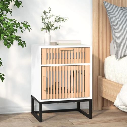 Table De Chevet En Bois D'ingenierie Et Fer Blanc | 40x30x55,5 Cm, Design Scandinave, 1 Tiroir + Compartiment, Gain De Place