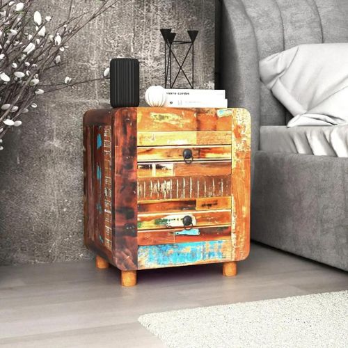 Table De Chevet En Bois De Recuperation Massif | 43x33x51 Cm, 2 Tiroirs, Style Antique, Multifonctionnelle, Gain De Place