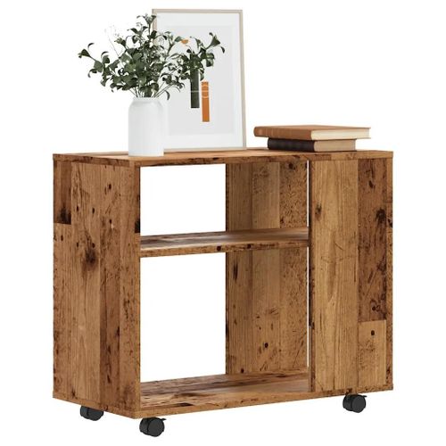 Table D'appoint En Bois D'ingenierie Vieux Bois | 70x35x55 Cm, 2 Etages, Design Ouvert, Roulettes Pivotantes, Gain De Place
