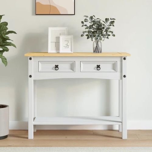 Table Console En Pin Mexicain Blanc | 90x34,5x73 Cm, 2 Tiroirs + 1 Etagere, Style Rustique, Gain De Place