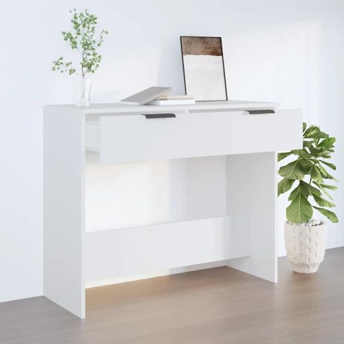 Table Console En Bois D'ingenierie Blanc | 90x36x75 Cm, 2 Tiroirs, Polyvalente, Gain De Place, Surface Spacieuse