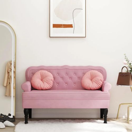 Banc Avec Dossier En Velours Rose Et Bois D'hevea | 119,5x64,5x75 Cm, Assise Rembourree, Design Elegant, Dossier Ondule, Gain De Place