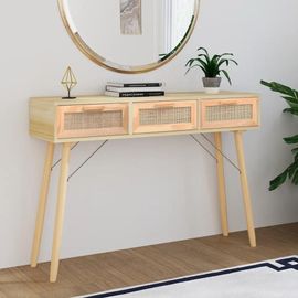 Table Console En Bois Massif Pin Et Rotin Naturel | 105x30x75 Cm, 3 Tiroirs, Design Scandinave, Gain De Place, Multifonctionnel