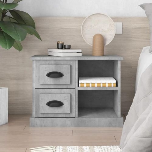 Table De Chevet En Bois D'ingenierie Gris Beton | 60x35,5x45 Cm, Compact, 2 Tiroirs + 2 Compartiments, Gain De Place, Multifonctionnel