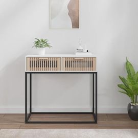 Table Console En Bois D'ingenierie Et Fer Blanc | 80x30x75 Cm, 2 Tiroirs, Style Scandinave, Gain De Place, Compacte