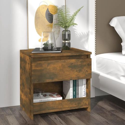 Table De Chevet En Chene Fume | 40x30x39 Cm, Bois D'ingenierie, Compact, Gain De Place, 1 Tiroir + 1 Compartiment, Multifonctionnel