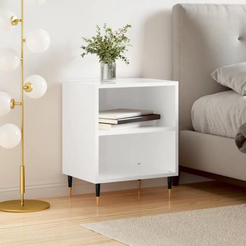 Table De Chevet En Bois D'ingenierie Blanc Brillant | 40x30x50 Cm, 2 Compartiments, Gain De Place, Design Elegant