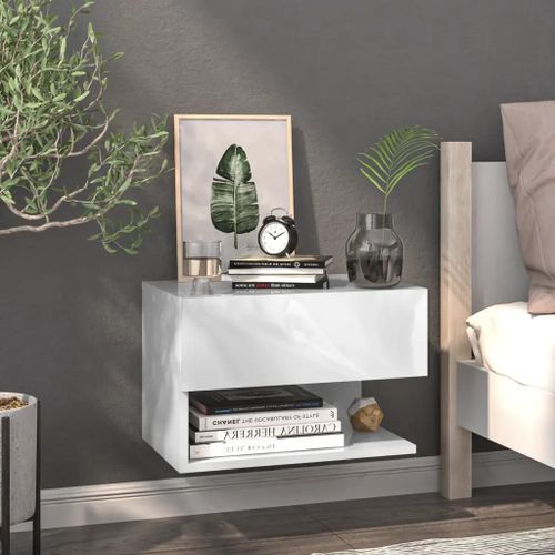 Table De Chevet Murale En Bois D'ingenierie Blanc Brillant | Montage Flottant, Gain De Place, 2 Etageres, Multifonctionnelle