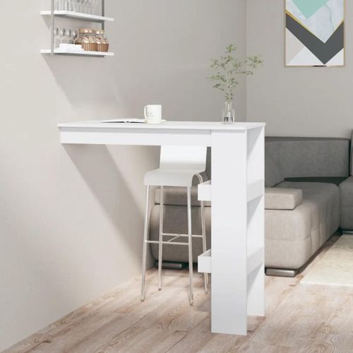 Table Bar Mural En Bois D'ingenierie Blanc Brillant | 102x45x103,5cm, 2 Compartiments, Gain De Place, Compact