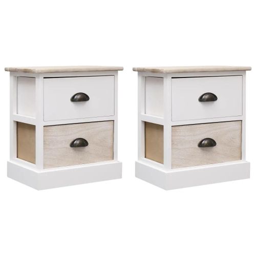 Tables De Chevet En Bois De Paulownia | 2 Pieces, Blanc Et Naturel, 38x28x45 Cm, Compact, 2 Tiroirs, Gain De Place, Multifonctionnel