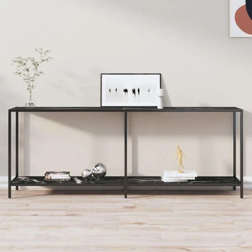Table Console En Verre Trempe Et Acier Enduit | Noir, 200x35x75,5 Cm, Compacte, Gain De Place, Etague De Rangement