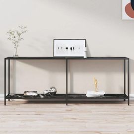 Table Console En Verre Trempe Et Acier Enduit | Noir, 200x35x75,5 Cm, Compacte, Gain De Place, Etague De Rangement