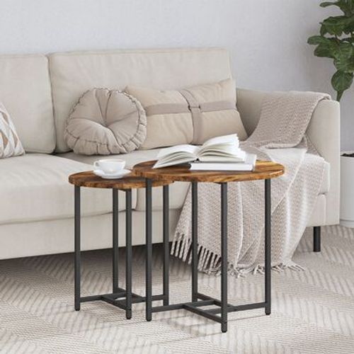 Table D'appoint En Bois Reconstitue Chene Fume Et Metal | 2 Pieces, Design Compact, Gain De Place, Multifonctionnel Pour Salon Et Chambre