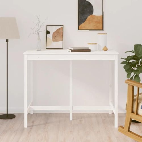 Table De Bar En Bois Massif De Pin | 140x80x110 Cm, Blanc, Stable Et Robuste, Gain De Place