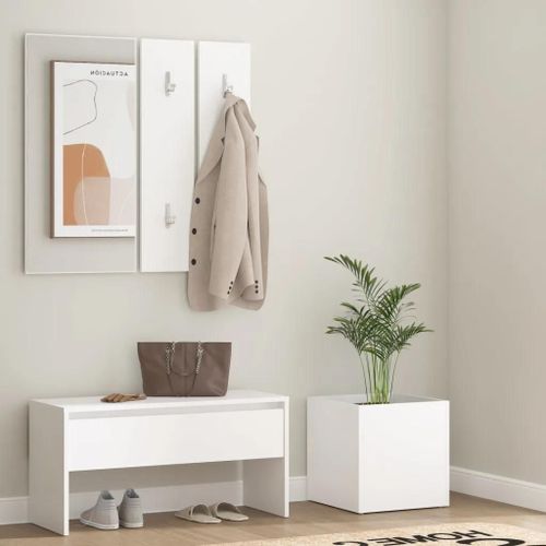 Ensemble Meuble De Couloir En Bois D'ingenierie Blanc | Banc Avec Tiroir, Miroir Et Porte-Manteaux, Multifonctionnel, Gain De Place