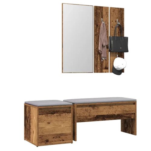 Ensemble Meubles Couloir En Bois D'ingenierie Vieux Bois | Banc Avec Tiroir, Miroir Et Porte-Manteaux, Gain De Place, Multifonctionnel