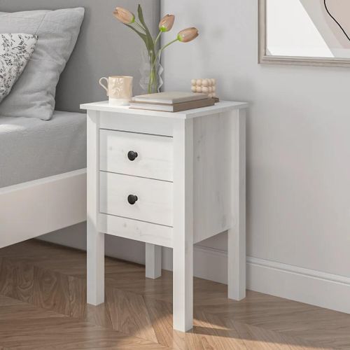 Table De Chevet En Bois De Pin Massif Blanc | 40x35x61,5 Cm, 2 Tiroirs, Compacte, Gain De Place, Multifonctionnelle