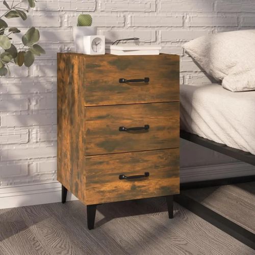Table De Chevet En Bois D'ingenierie Chene Fume | 40x40x66 Cm, 3 Tiroirs, Compact, Gain De Place, Multifonctionnel