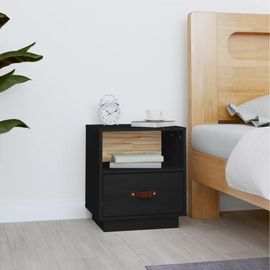 Table De Chevet En Bois De Pin Massif Noir | 40x34x45 Cm, Compacte, Gain De Place, 1 Tiroir + 1 Compartiment Ouvert
