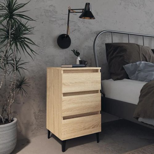 Table De Chevet En Metal Chene Sonoma | 40x35x69 Cm, 3 Tiroirs, Compact, Gain De Place, Design Industriel