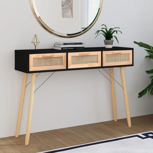 Table Console En Bois Massif Pin Et Rotin Naturel | Noir, 105x30x75 Cm, 3 Tiroirs, Design Scandinave, Gain De Place