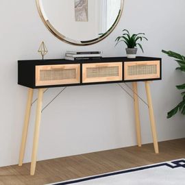 Table Console En Bois Massif Pin Et Rotin Naturel | Noir, 105x30x75 Cm, 3 Tiroirs, Design Scandinave, Gain De Place