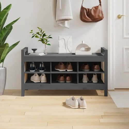 Banc D'entree En Bois De Pin Massif Gris | 110x40x60 Cm, 6 Compartiments, Gain De Place, Compact, Multifonctionnel