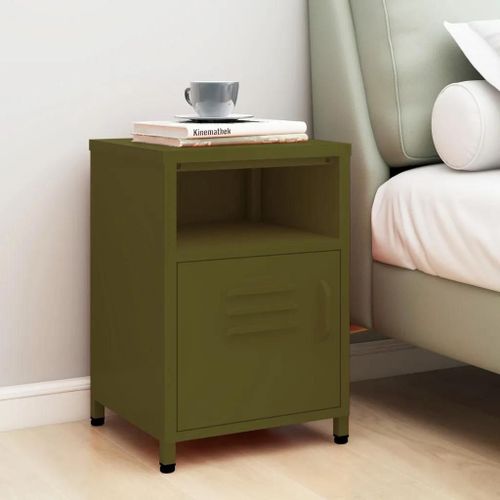 Table De Chevet En Acier | 35x35x51 Cm, Vert Olive, Compact, 1 Etagere + 1 Porte, Gain De Place
