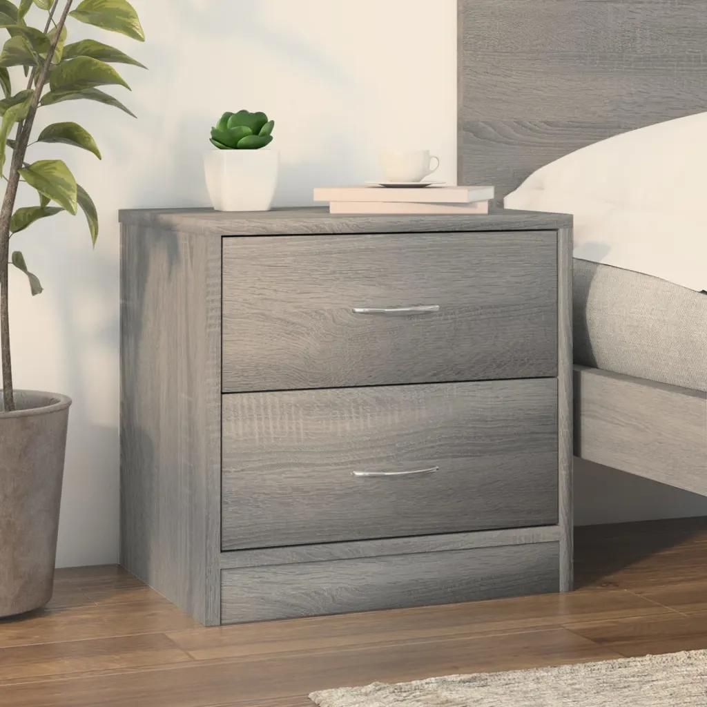 Table De Chevet En Bois D'ingenierie Chene Sonoma | Gris, 40x30x40 Cm, 2 Tiroirs, Compact, Gain De Place, Multifonctionnel