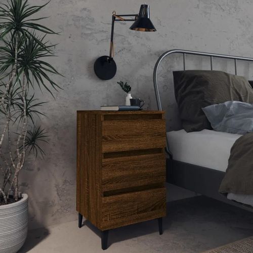 Table De Chevet En Metal Et Chene Marron | 40x35x69 Cm, 3 Tiroirs, Compacte, Gain De Place, Style Industriel