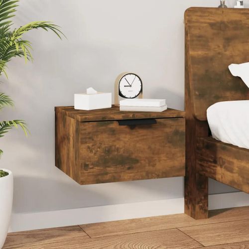 Table De Chevet Murale En Chene Fume 34x30x20 Cm | Compacte, Gain De Place, 2 Etageres, Multifonctionnelle
