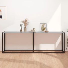 Table Console En Marbre Blanc Et Verre Trempe | 220x35x75,5 Cm, Design Elegant, Structure En Acier Poudre, Facile A Nettoyer, Gain De Place