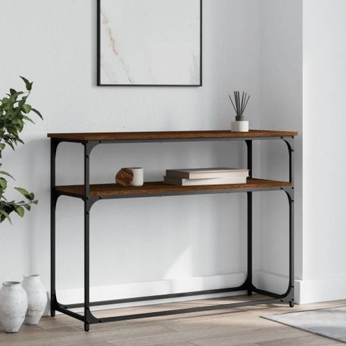 Table Console En Chene Marron Bois D'ingenierie | 100x35,5x75 Cm, Compacte, Gain De Place, 4 Pieds Reglables, Cadre Metallique