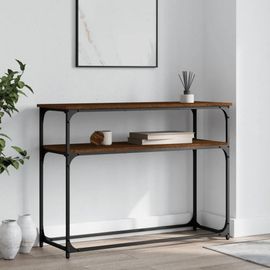Table Console En Chene Marron Bois D'ingenierie | 100x35,5x75 Cm, Compacte, Gain De Place, 4 Pieds Reglables, Cadre Metallique