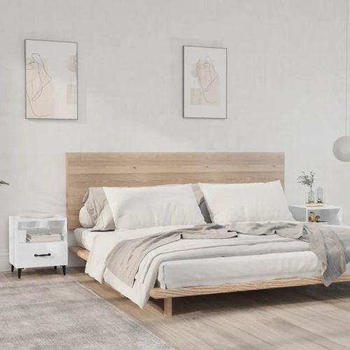 Tables De Chevet En Bois D'ingenierie Blanc Brillant | 2 Pieces, Compact, 1 Tiroir + 1 Etagere, Gain De Place, Multifonctionnel