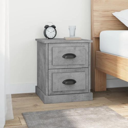Table De Chevet En Bois D'ingenierie | 39x39x47,5 Cm, 2 Tiroirs, Gris Beton, Compact, Gain De Place, Multifonctionnel