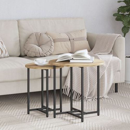 Table D'appoint En Chene Massif Et Metal | Set De 2, Design Minimaliste, Compact, Gain De Place, Salon Ou Chambre
